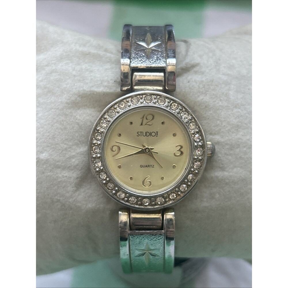 Studio Time Silver Tone Rhinestone Bezel Women’s Cuff Watch